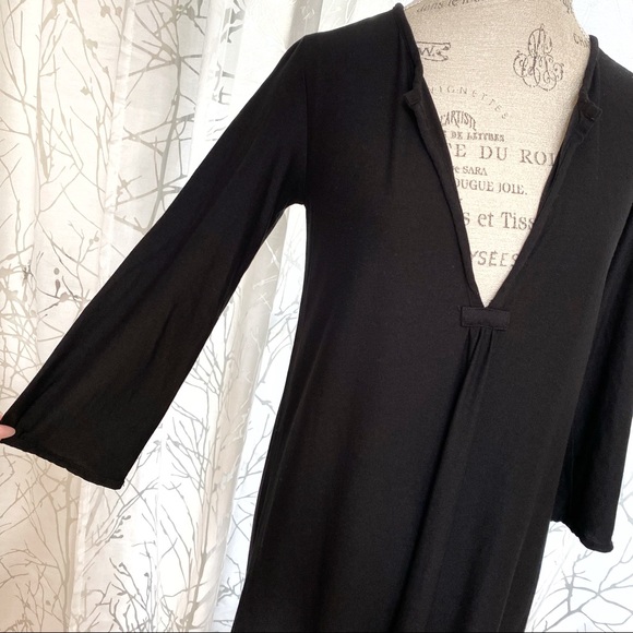 Eileen fisher black low v-neck long sleeve stretchy relaxed fit midi dress - Picture 4 of 8